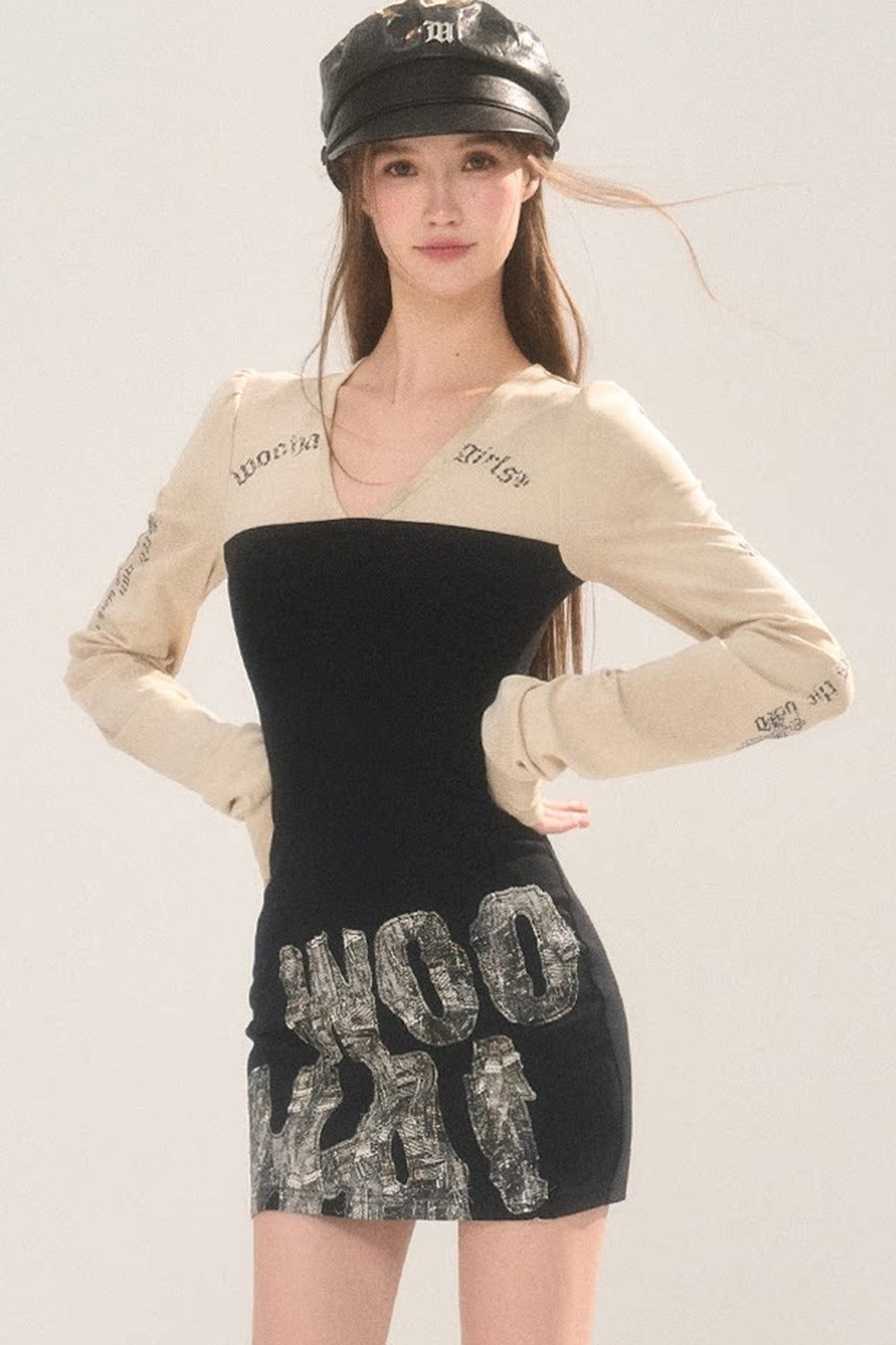 Printed Layered-Look V-Neck Dress