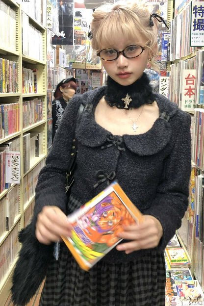 蝴蝶結羊毛外套與花苞裙套裝