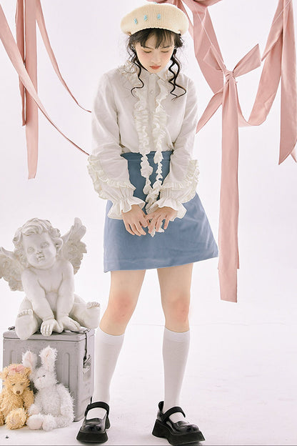 Blue Quilted Velvet A-Line Skirt