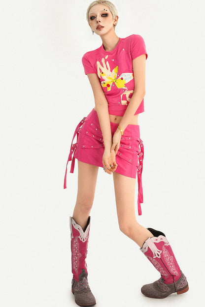 Studded Print Short Sleeve T-Shirt and Skirt Set-Up