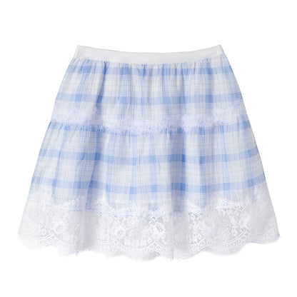 Blue White Checkered Lace Tencel Top Skirt Set-Up