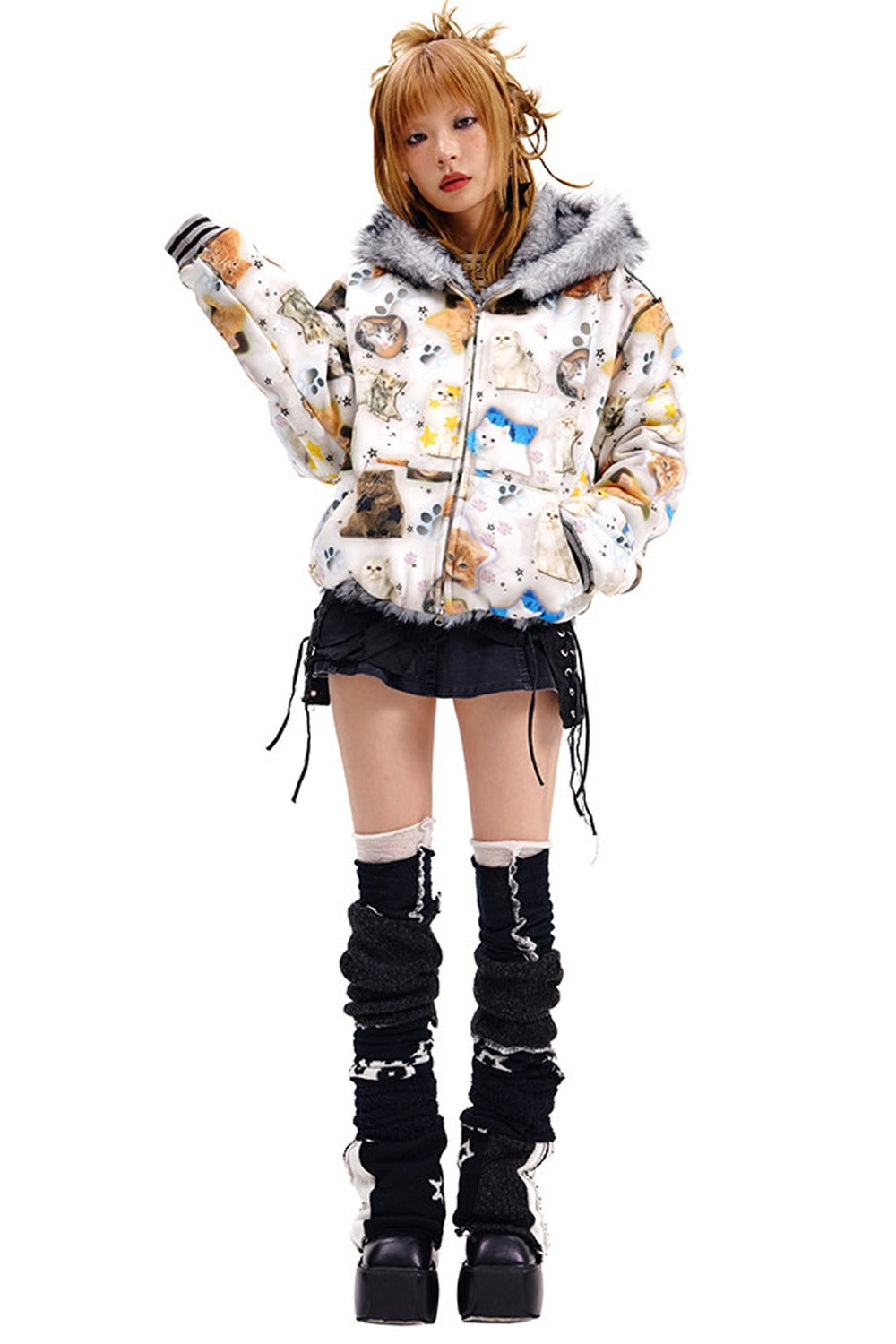 Cat Print Reversible Fur Coat