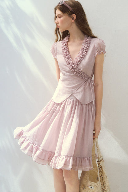 Purple Ruffle Trim Blouse and Tiered Skirt Set