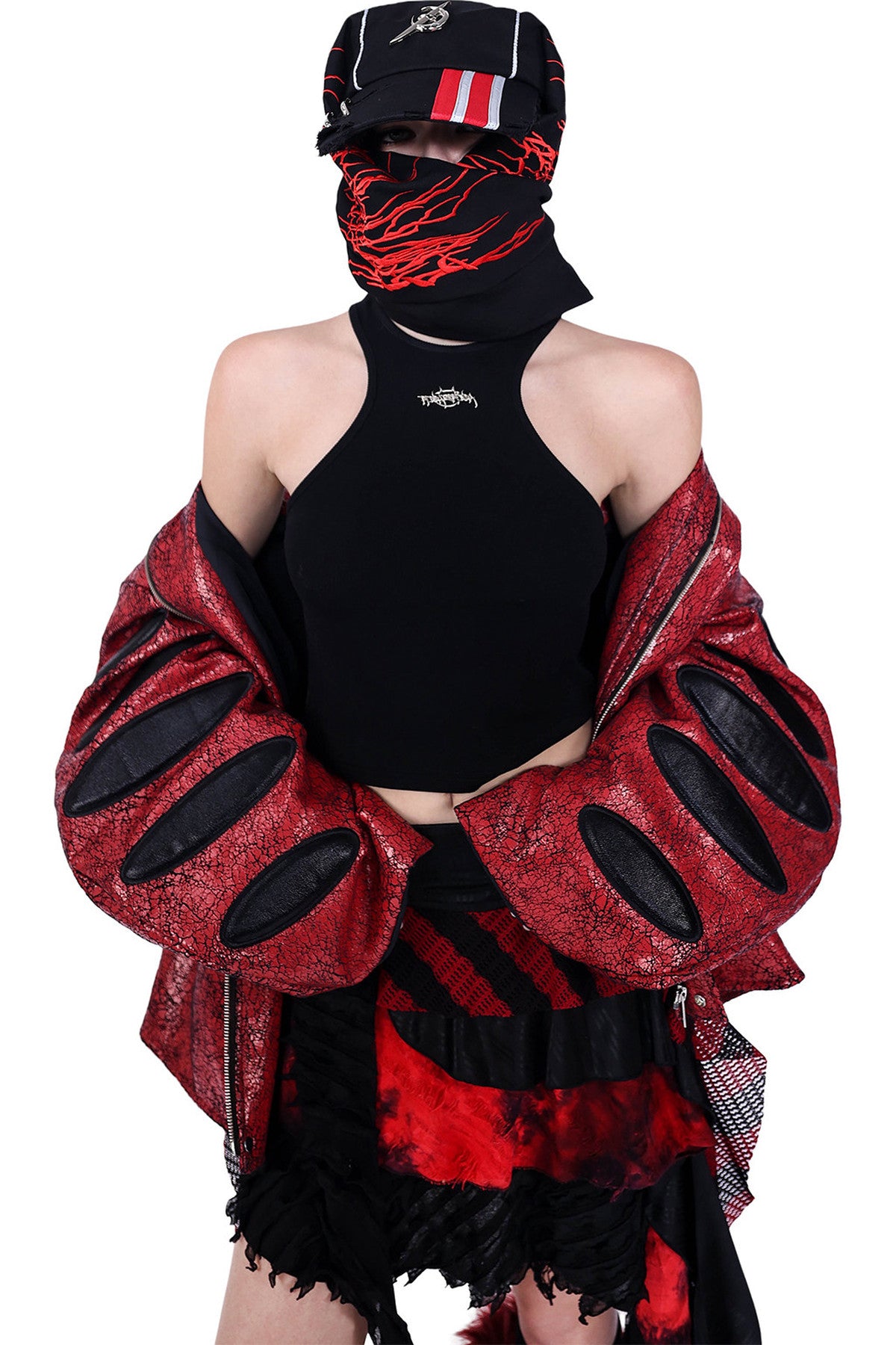 Red Cracked Leather Oversized Jacket