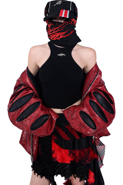 Red Cracked Leather Oversized Jacket