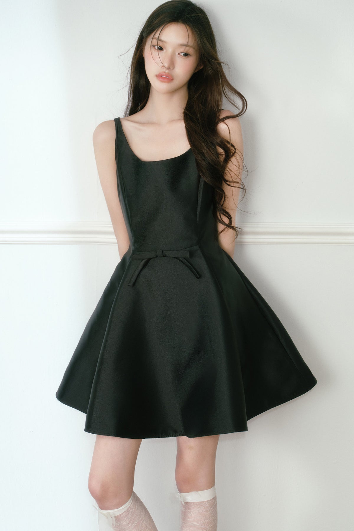 Glossy Black Spaghetti Strap A-Line Dress
