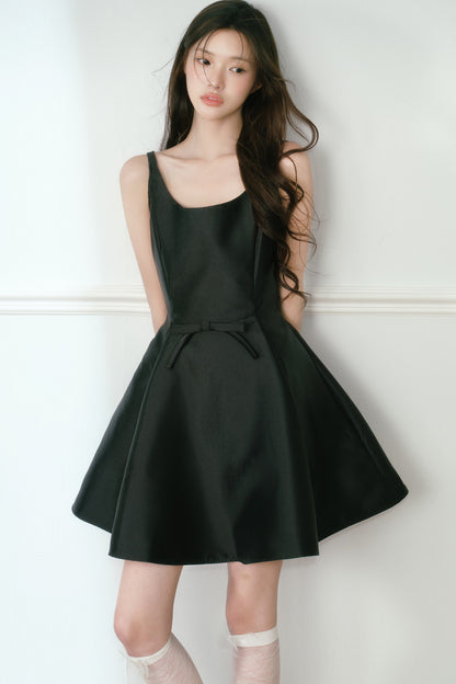 Glossy Black Spaghetti Strap A-Line Dress