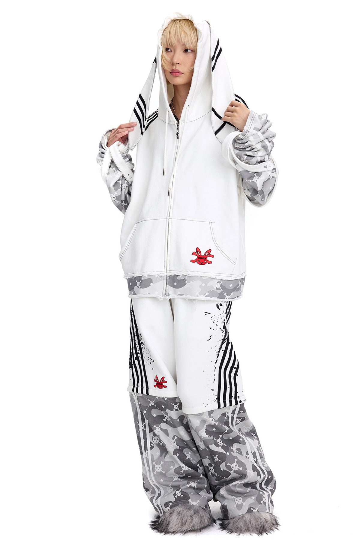 Skull Print Layered Bunny Ear Jacket
