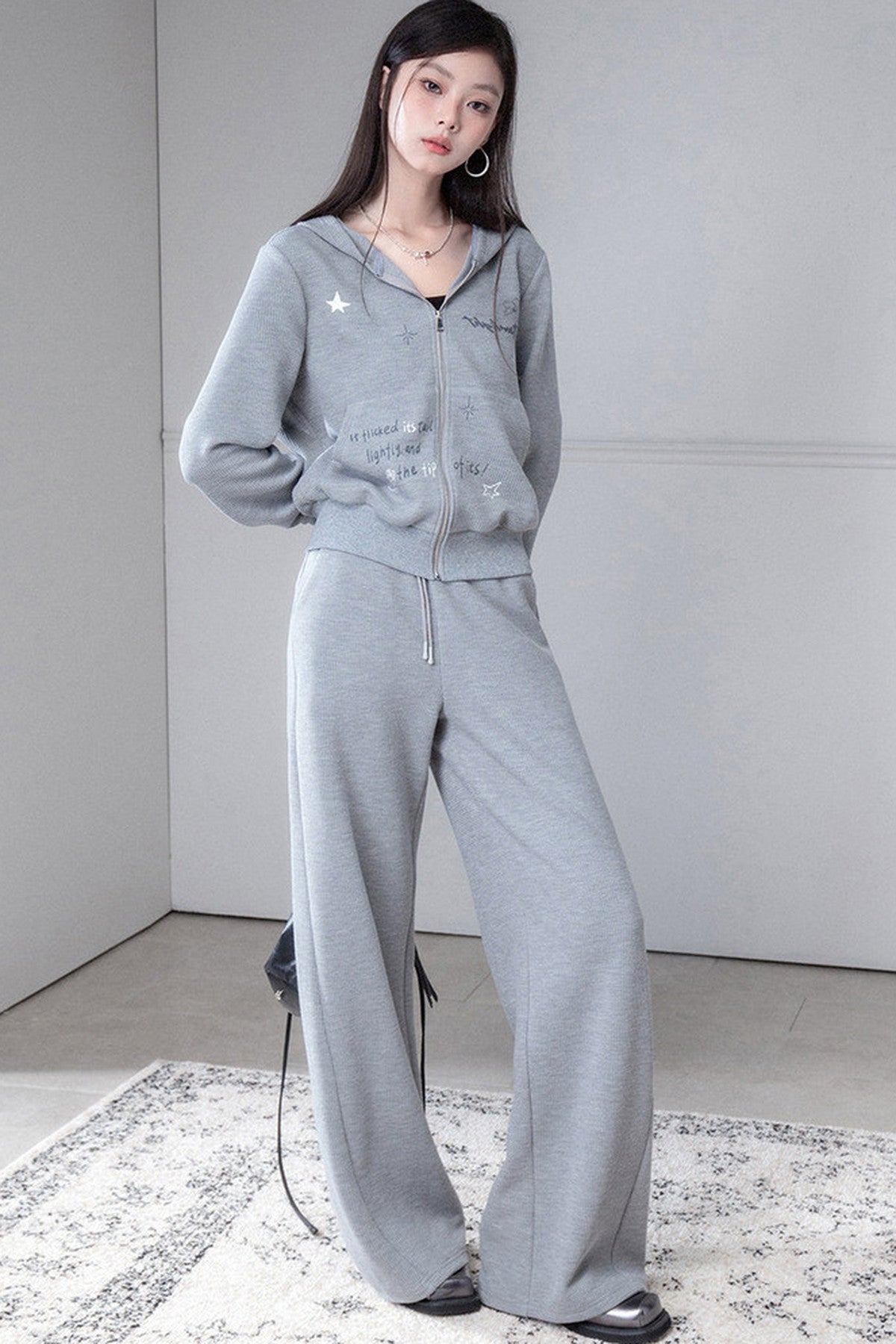 Printed Waffle Hooded Sweatshirt and Pants Set