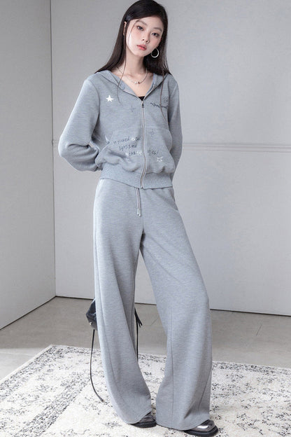 Printed Waffle Hooded Sweatshirt and Pants Set