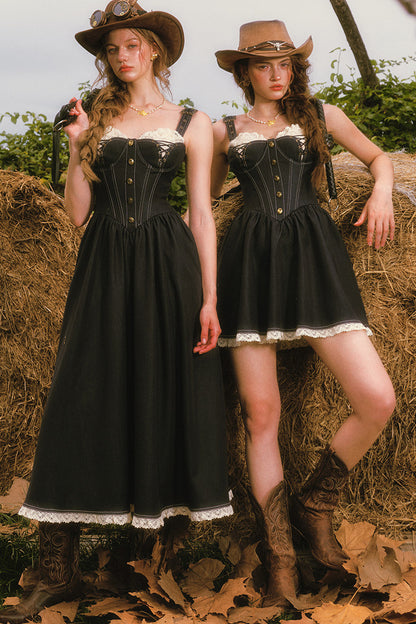 Dark Blue Denim Fishbone Strap Dress
