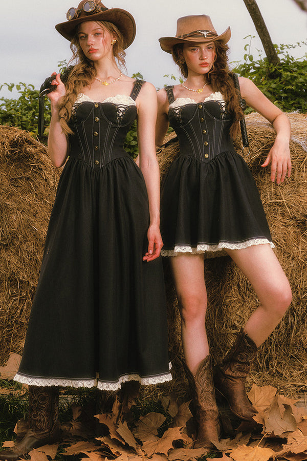 Dark Blue Denim Fishbone Strap Dress
