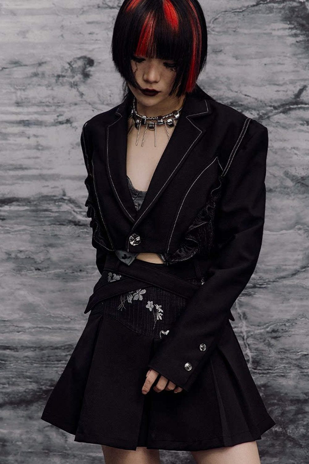 Dark Slimming Patchwork Lapel Jacket Set