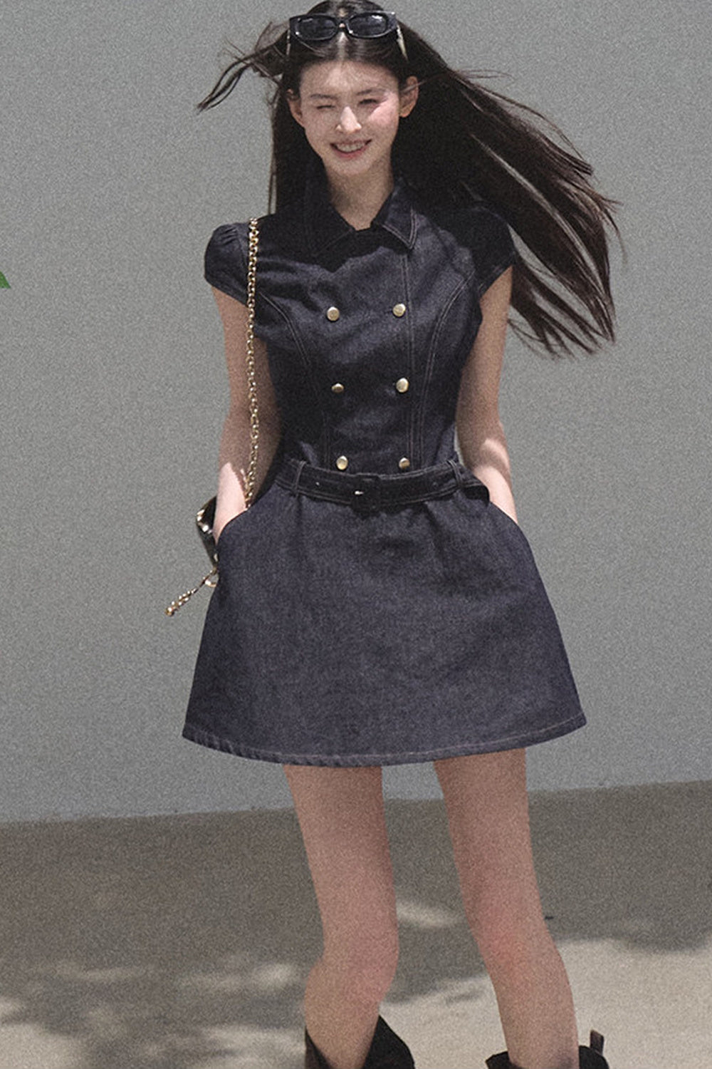Retro Denim Waist-Cinching Dress Set-Up
