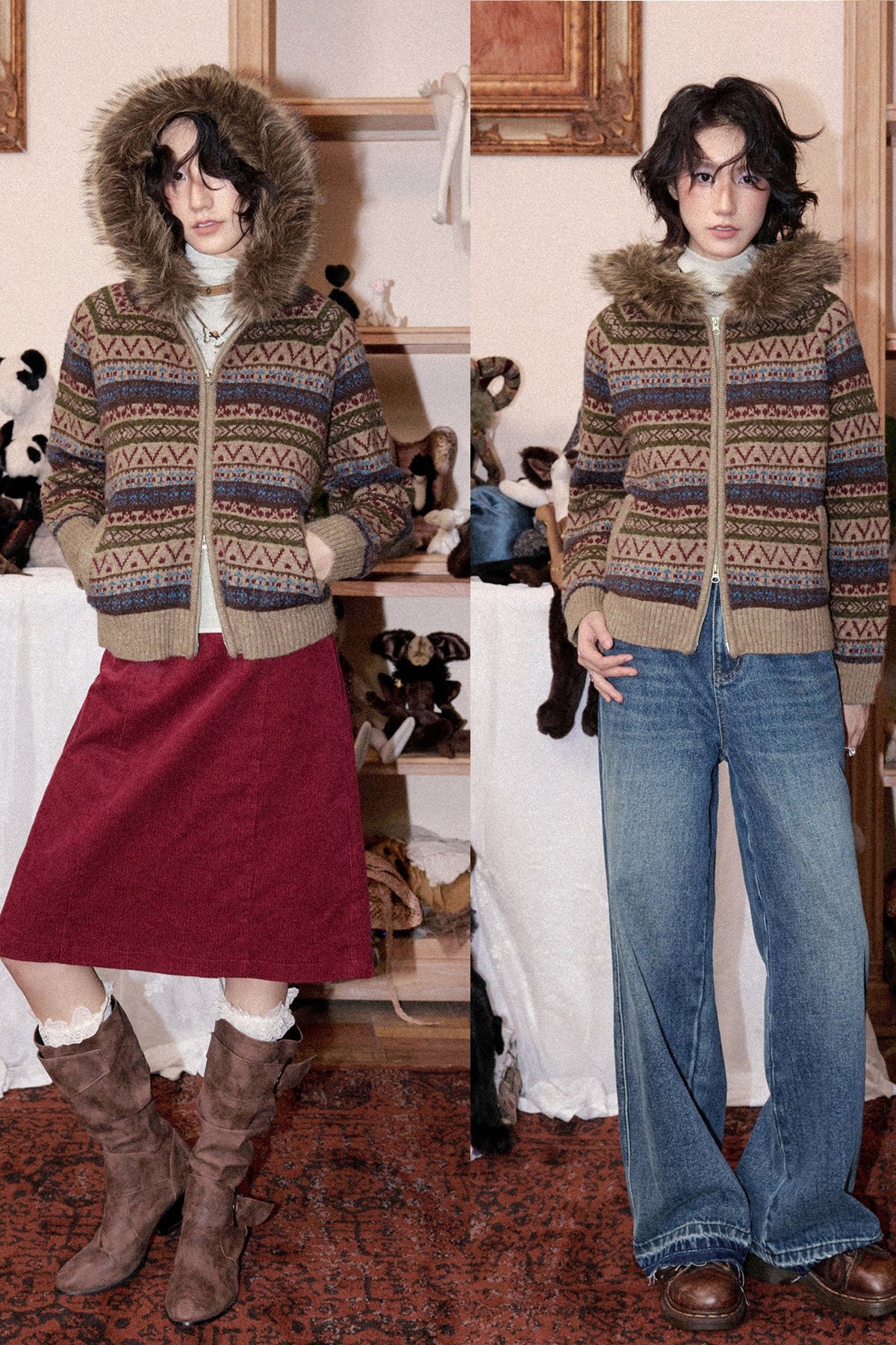 Hooded Fair Isle Wool Cardigan