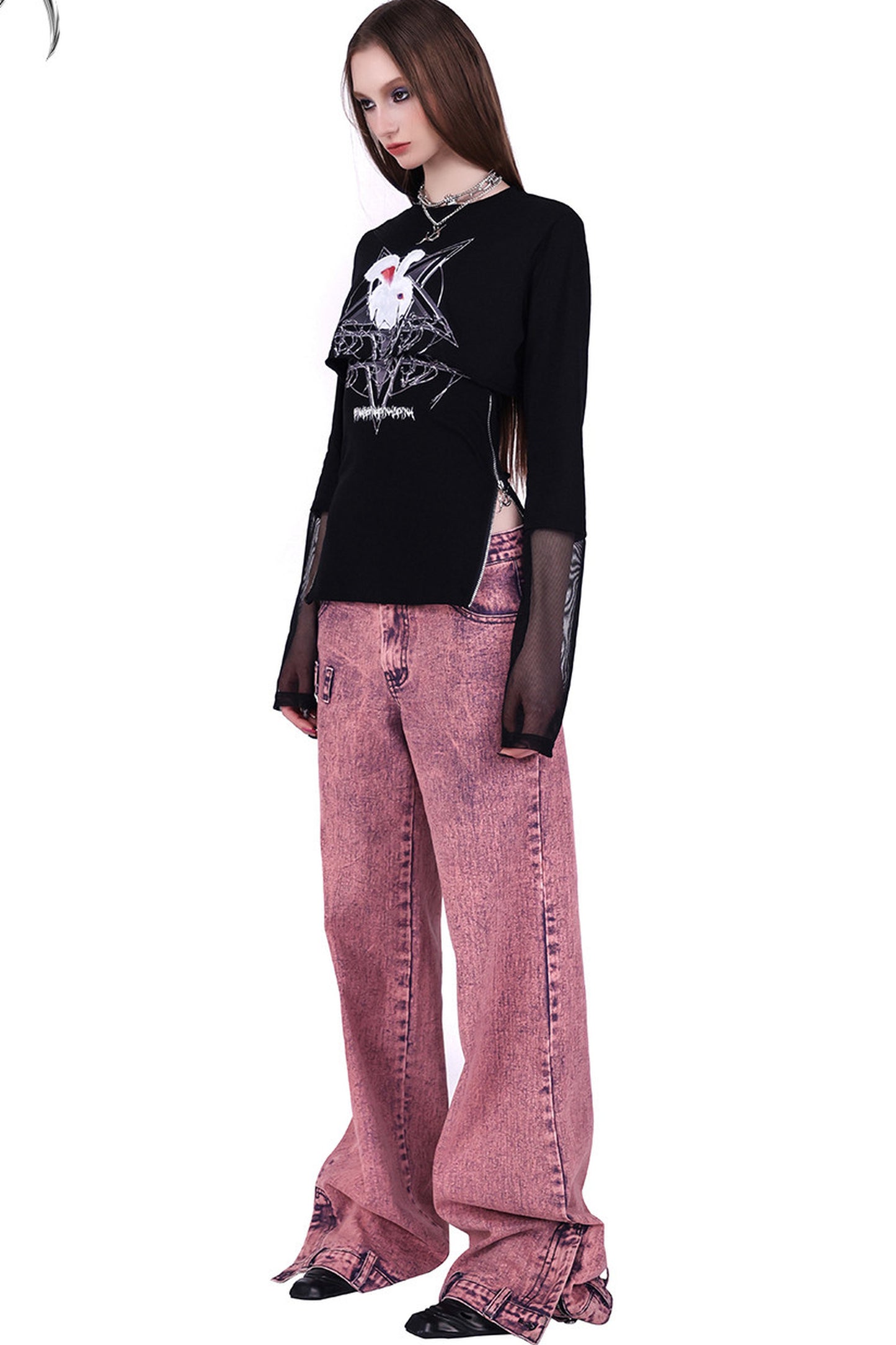 Printed Rabbit Mesh Blouse Set