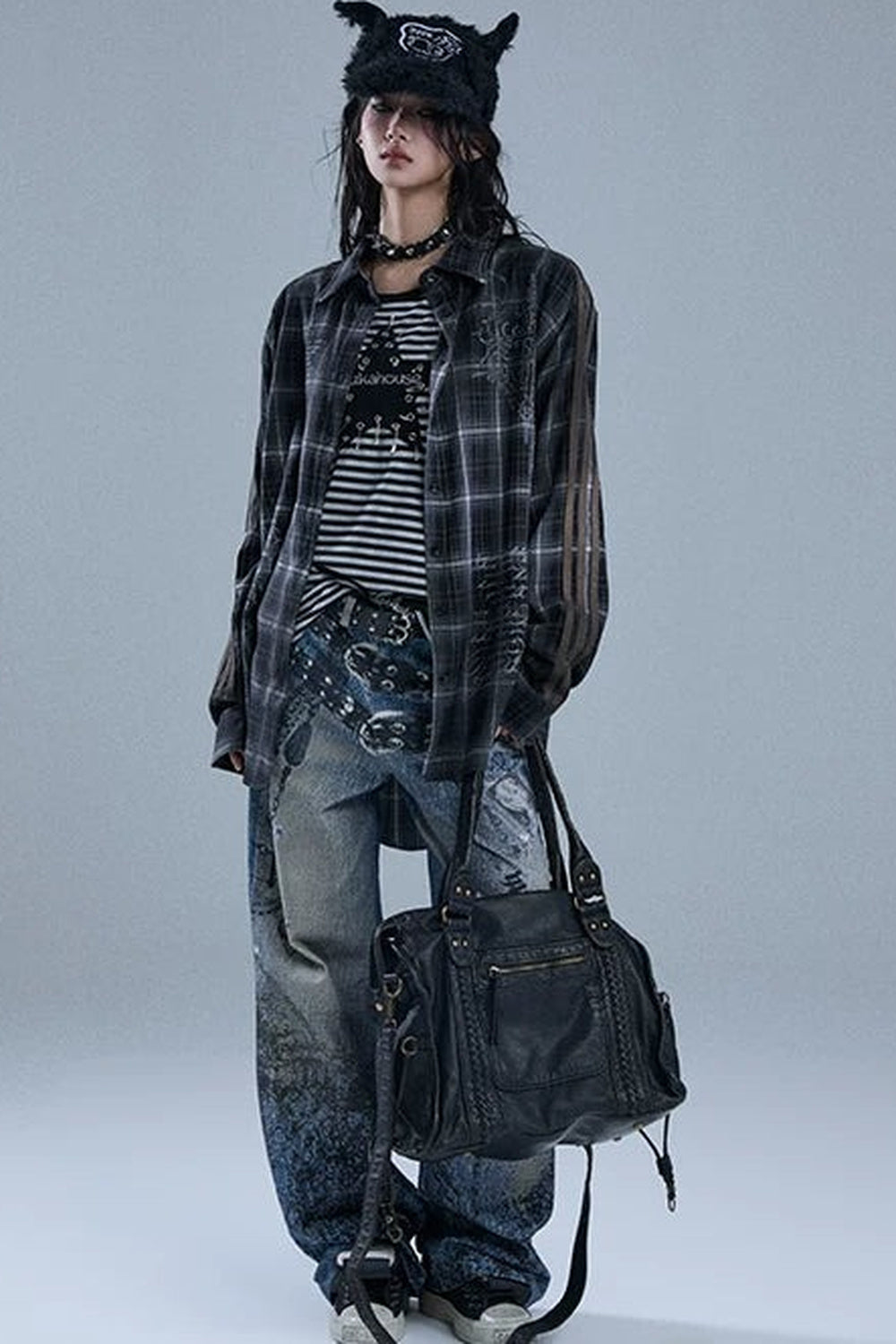 Long-Sleeved Striped Patchwork Plaid Shirt