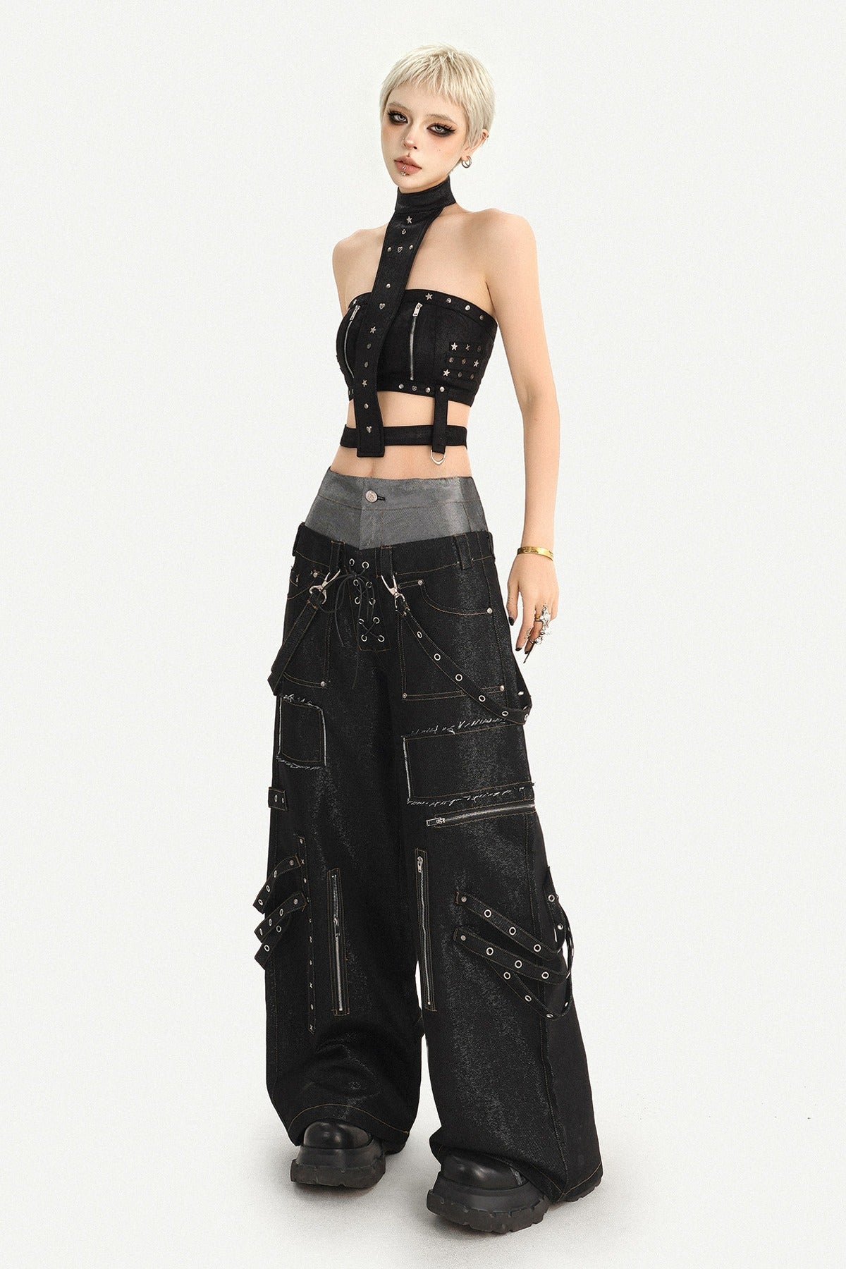 Punk Layered-Look Workwear Jeans