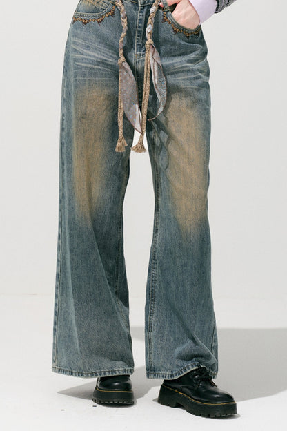 Loose Wide Leg Woven Belt Jeans