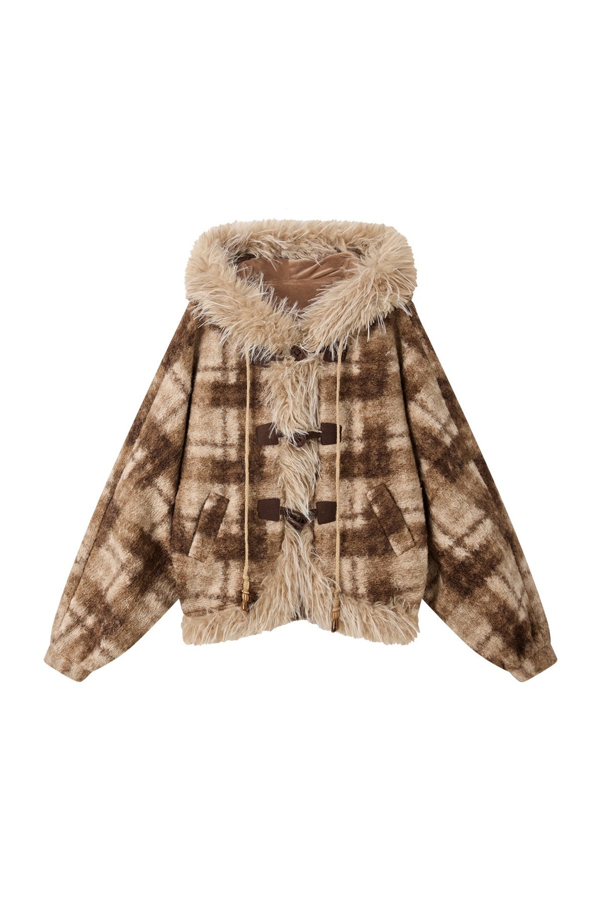 Hooded Plaid Fur Collar Jacket