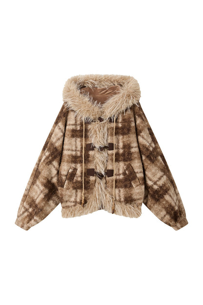 Hooded Plaid Fur Collar Jacket