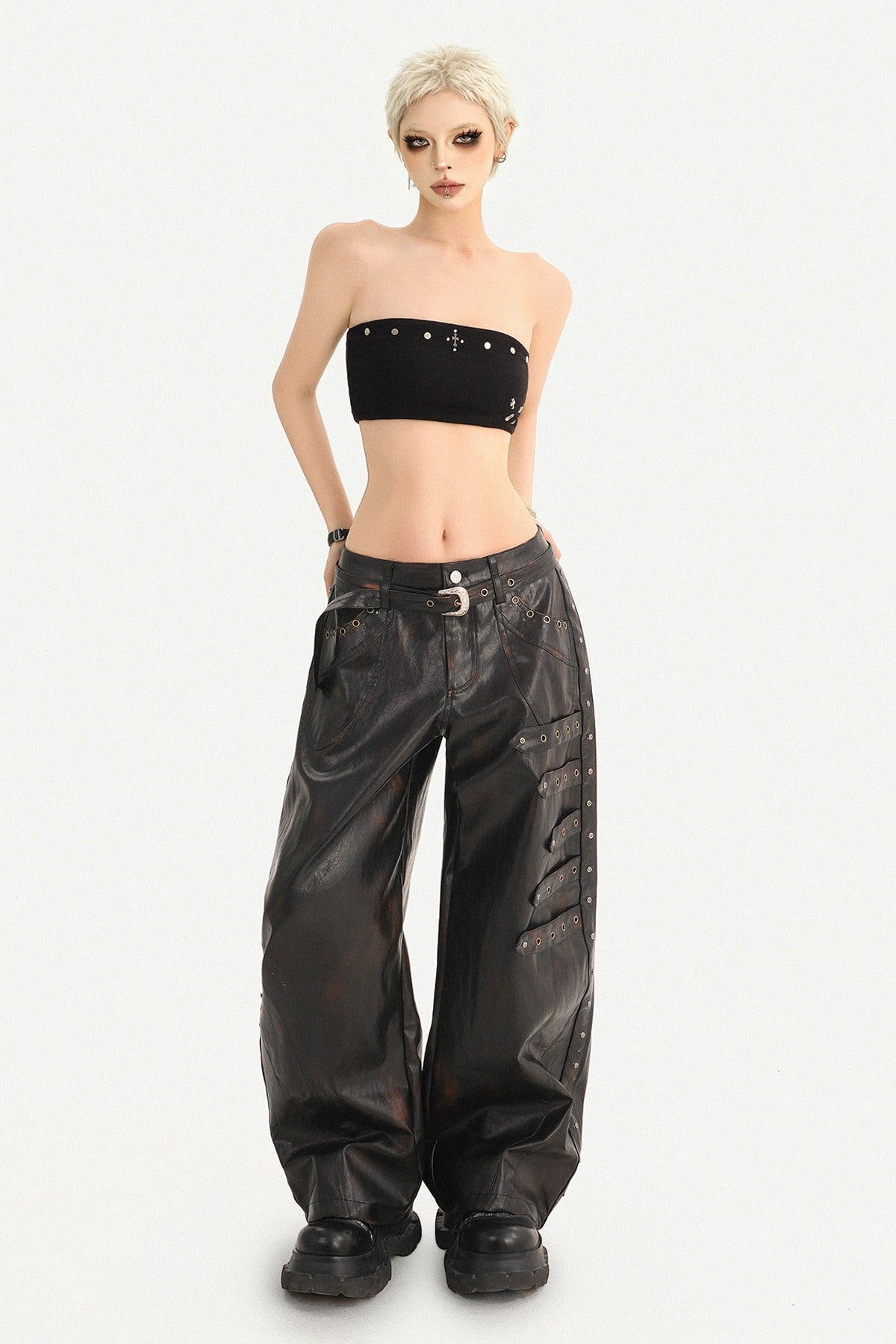Rivet-Decorated Wide-Leg Leather Pants