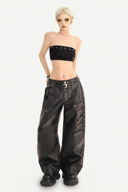 Rivet-Decorated Wide-Leg Leather Pants