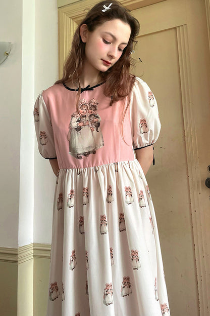 Vintage-Kurzarmkleid mit Puppen-Print