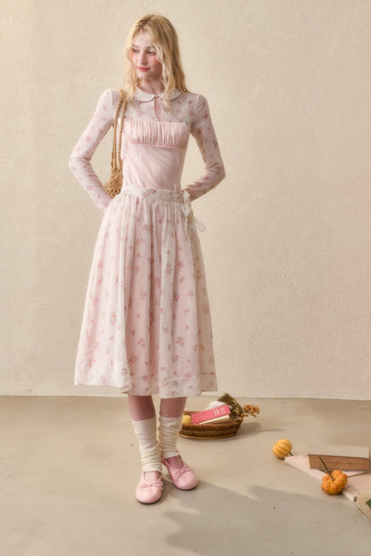 Peach Floral Satin Tencel Dress Set-Up