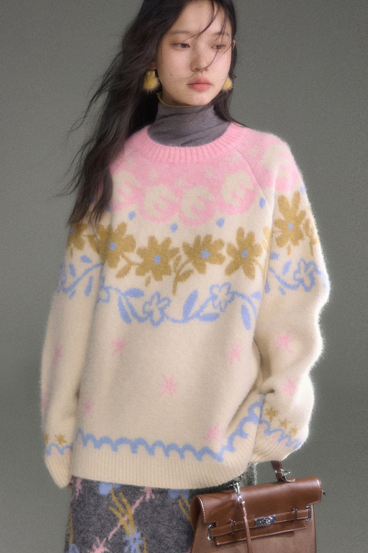 Retro Fair Isle Floral Jacquard Wool Sweater