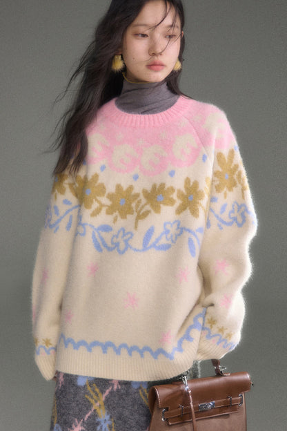 Retro Fair Isle Floral Jacquard Wool Sweater