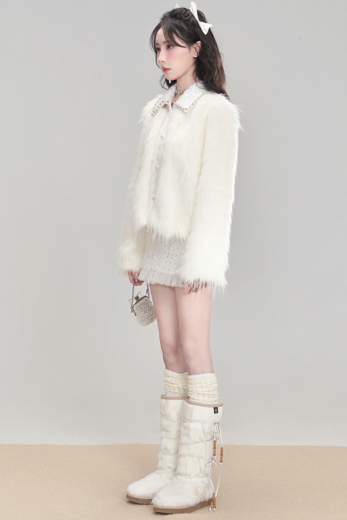Snow Mountain Silver-White Long-Haired Fur Coat and Skirt Set-Up