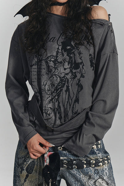 Style Printed Off-Shoulder Long-Sleeve T-shirt