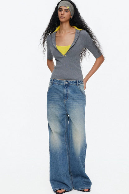 Lyocell Color-Blocked Fake Two-Piece Knit Top