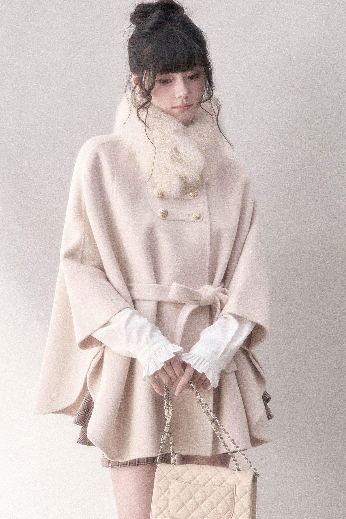 Double-Sided Wool Metal Button Cape Coat Set