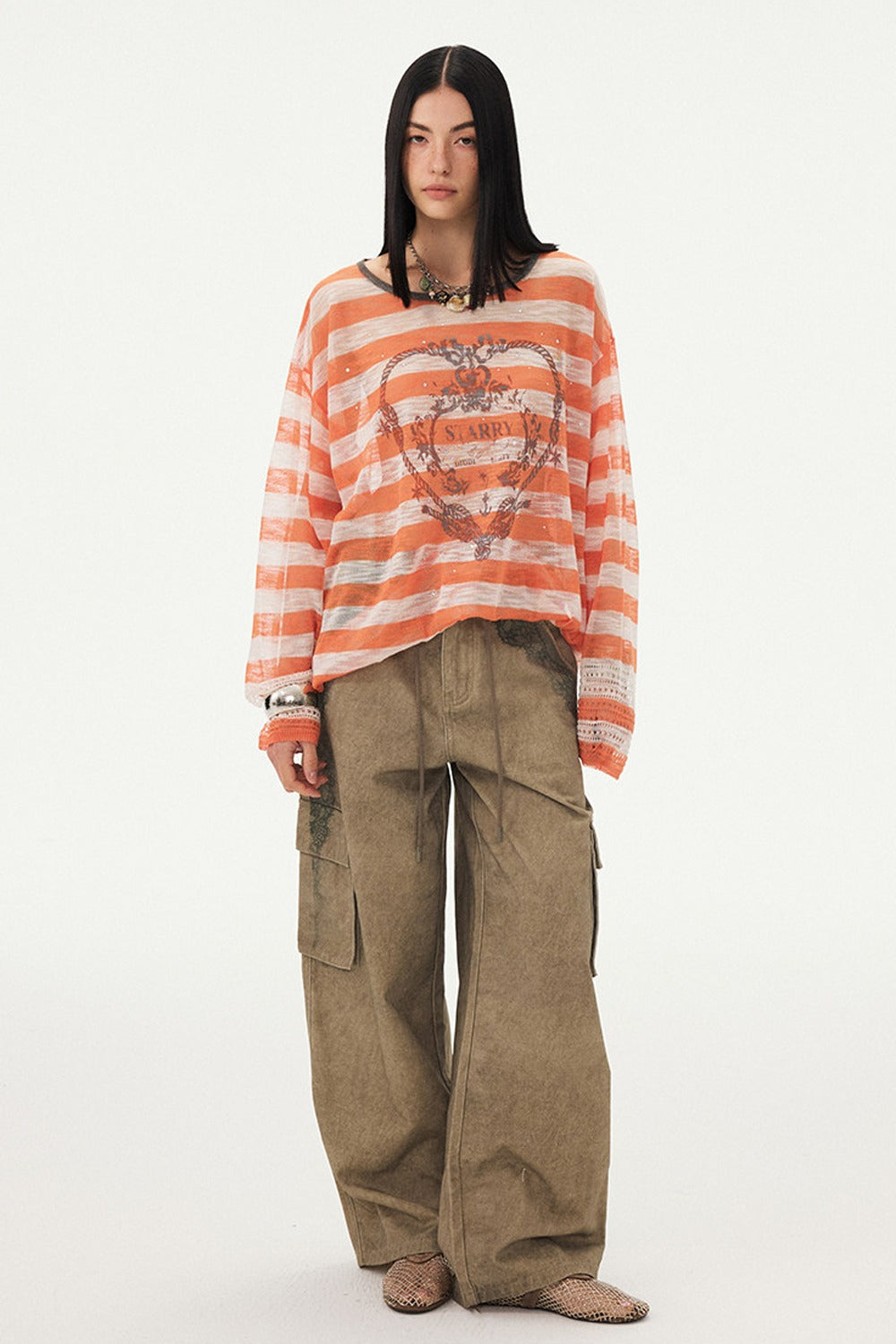 Knotted Heart Striped Knit Blouse