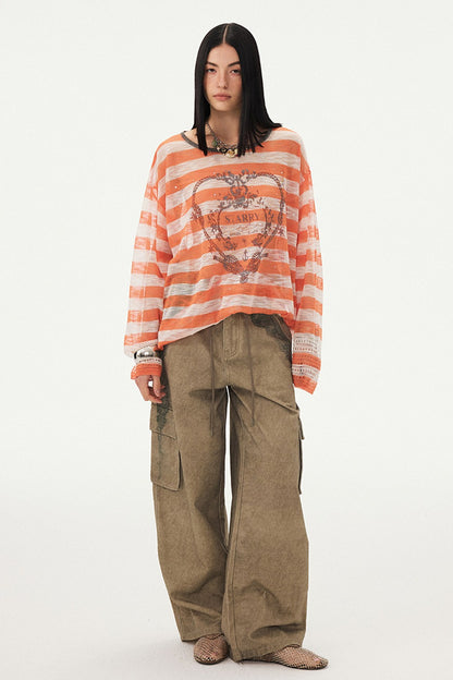 Knotted Heart Striped Knit Blouse