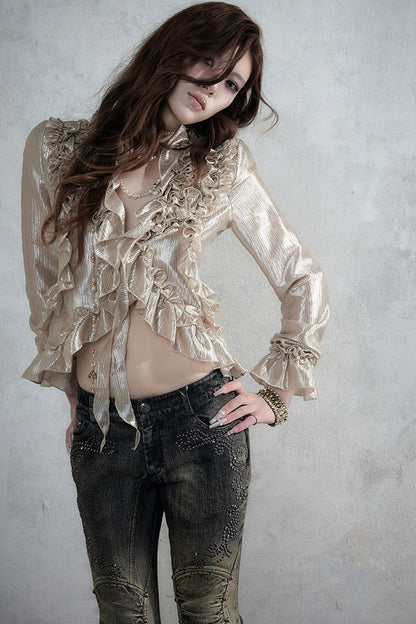 Ruffle Trim Tie Waist Long-Sleeved Blouse
