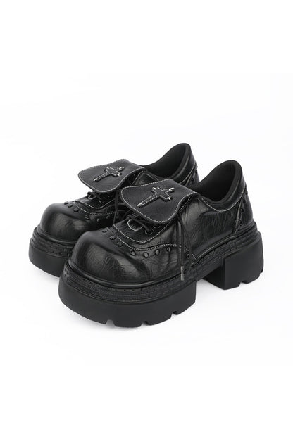 Thick-Soled Leather Shoes With Cross Flap