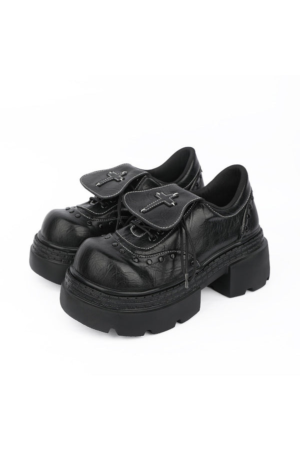 Thick-Soled Leather Shoes With Cross Flap