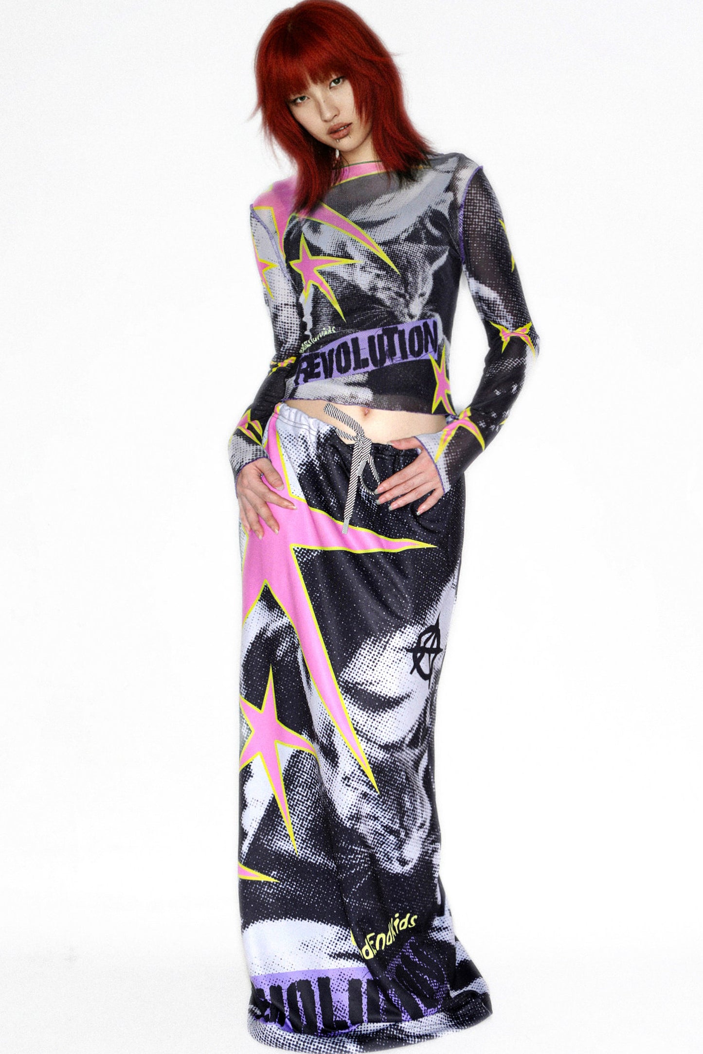 Y2K Graphic Long Sleeve Mesh Top