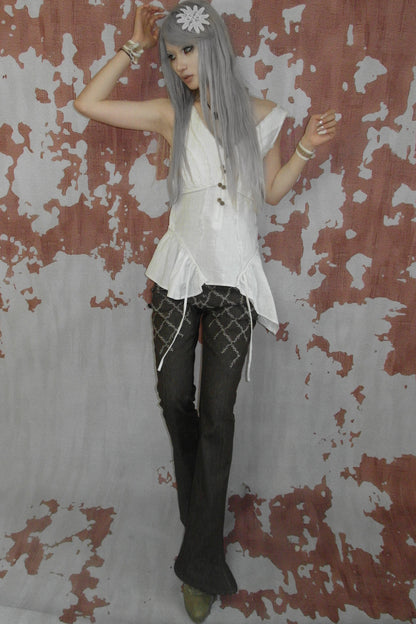 Pantalon évasé en denim patchwork médiéval