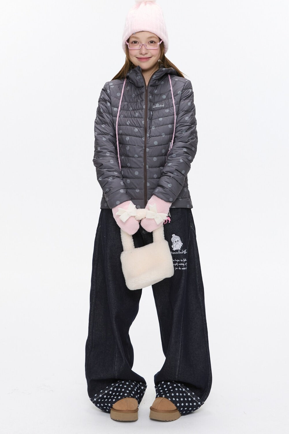 Hooded Ribbed Polka Dot Down Jacket