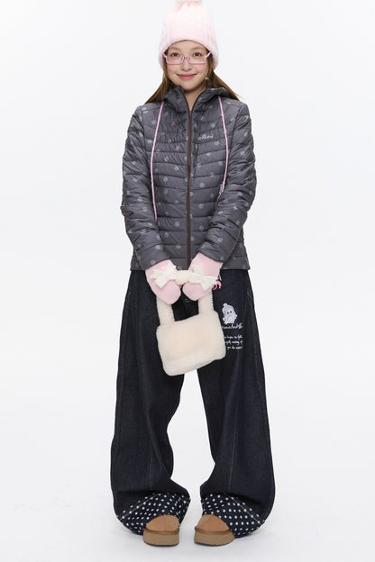 Hooded Ribbed Polka Dot Down Jacket