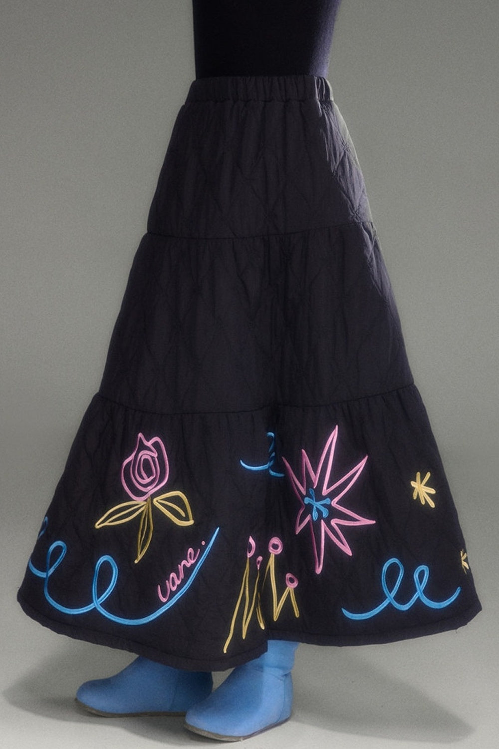 Floral Embroidered Quilted A-Line Tiered Skirt