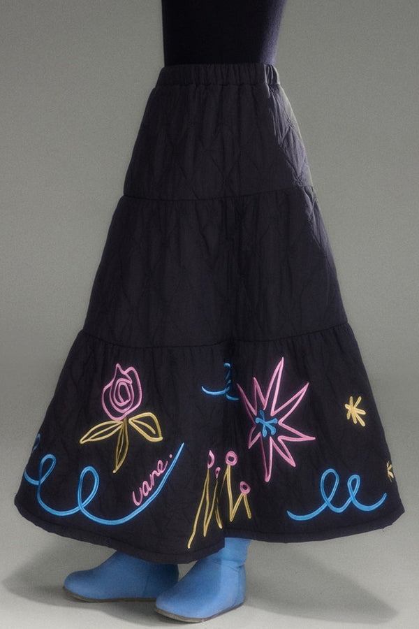Floral Embroidered Quilted A-Line Tiered Skirt