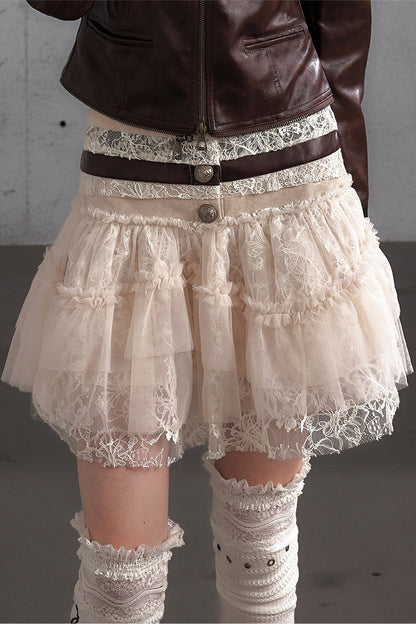 Lace Patchwork Pleated Multi-Layered Puffy Skirt