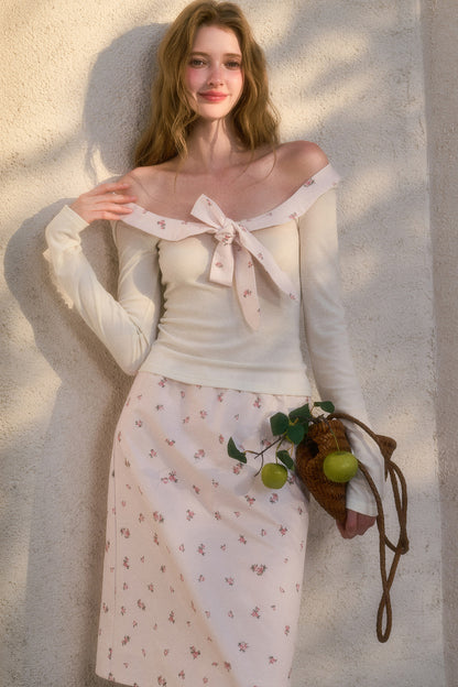 Off-Shoulder Big Bow Knit Top