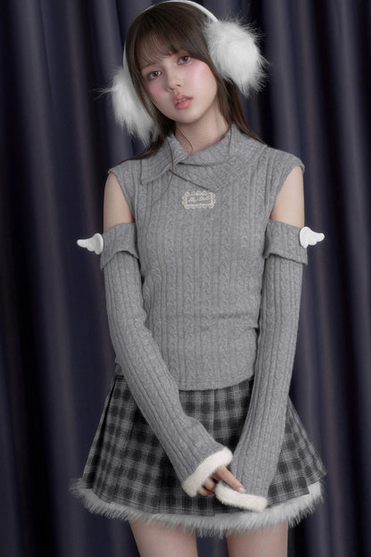 Winged Fold-Over Collar Knit Top