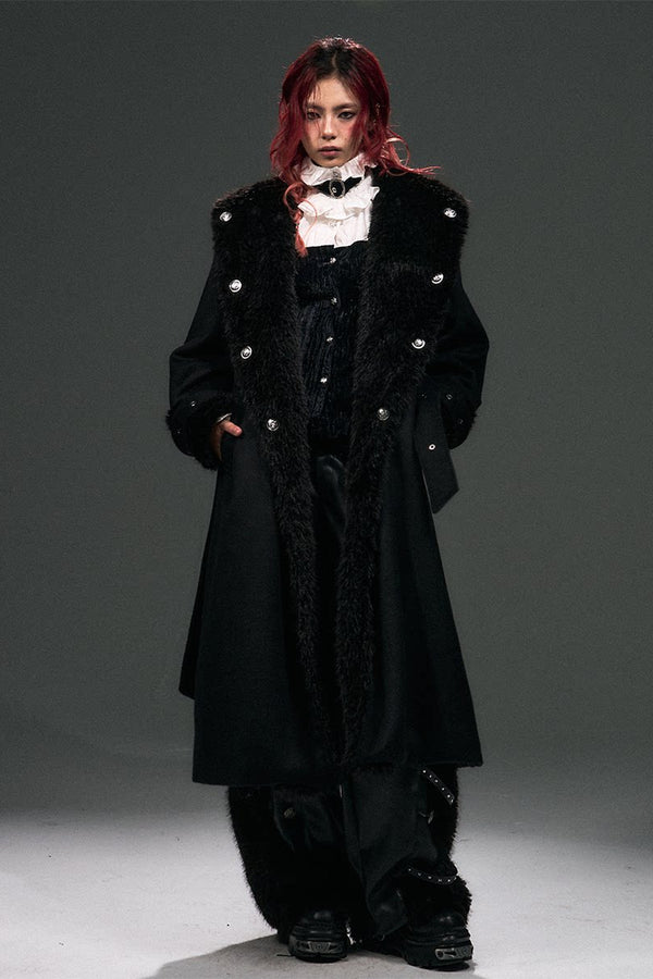 Large Fur Collar Loose Lace-Up Oversized Long Woolen Coat